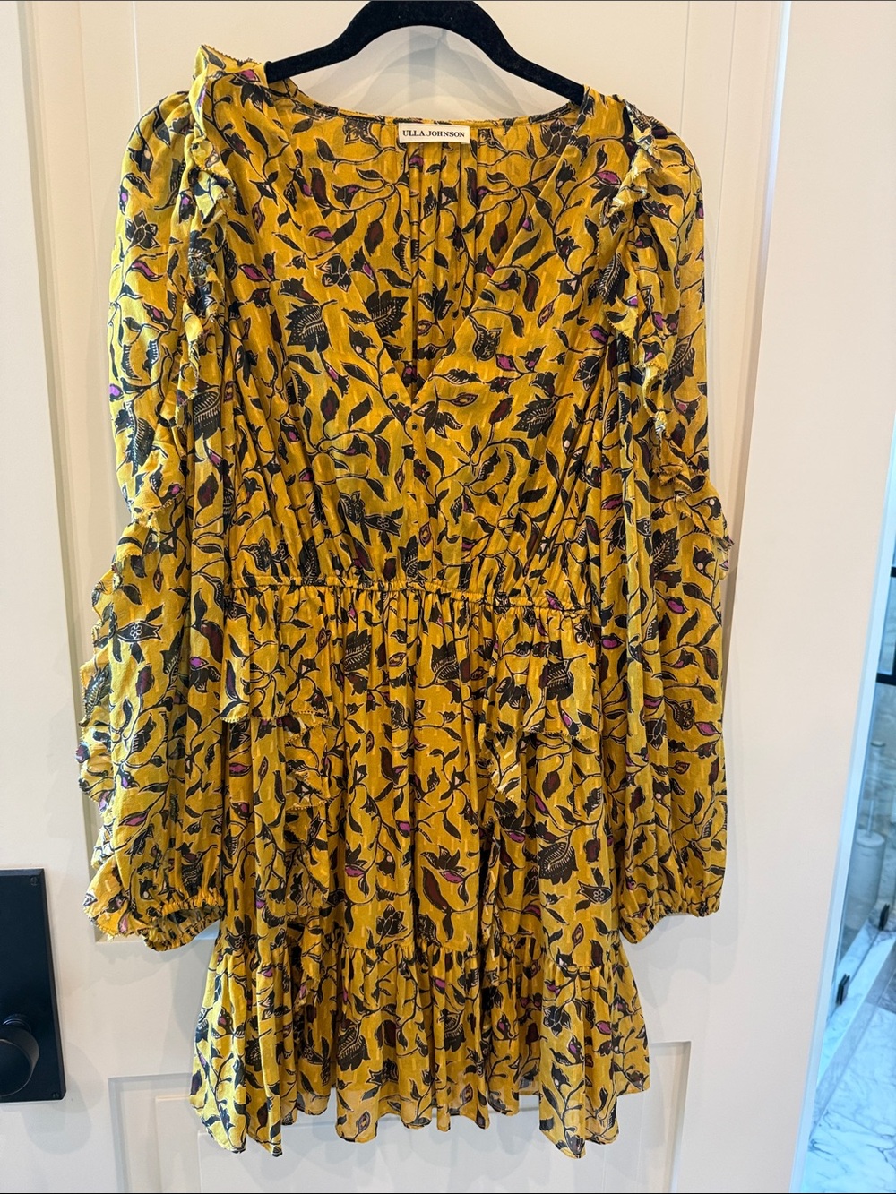 Ulla Johnson Mustard Floral Long-Sleeve Dress